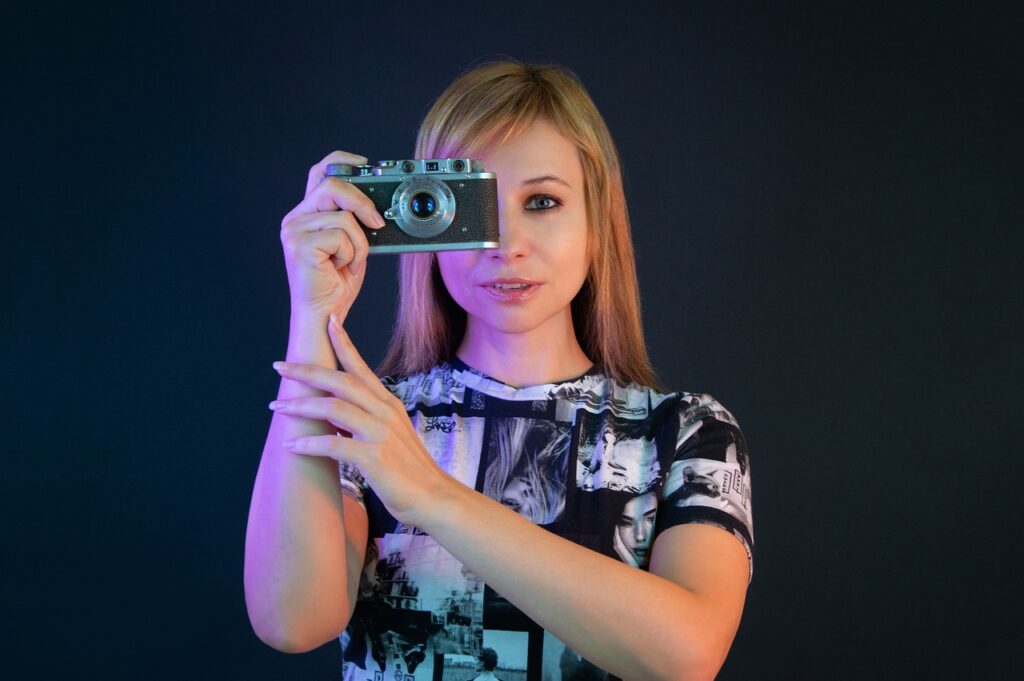 woman, camera, retro